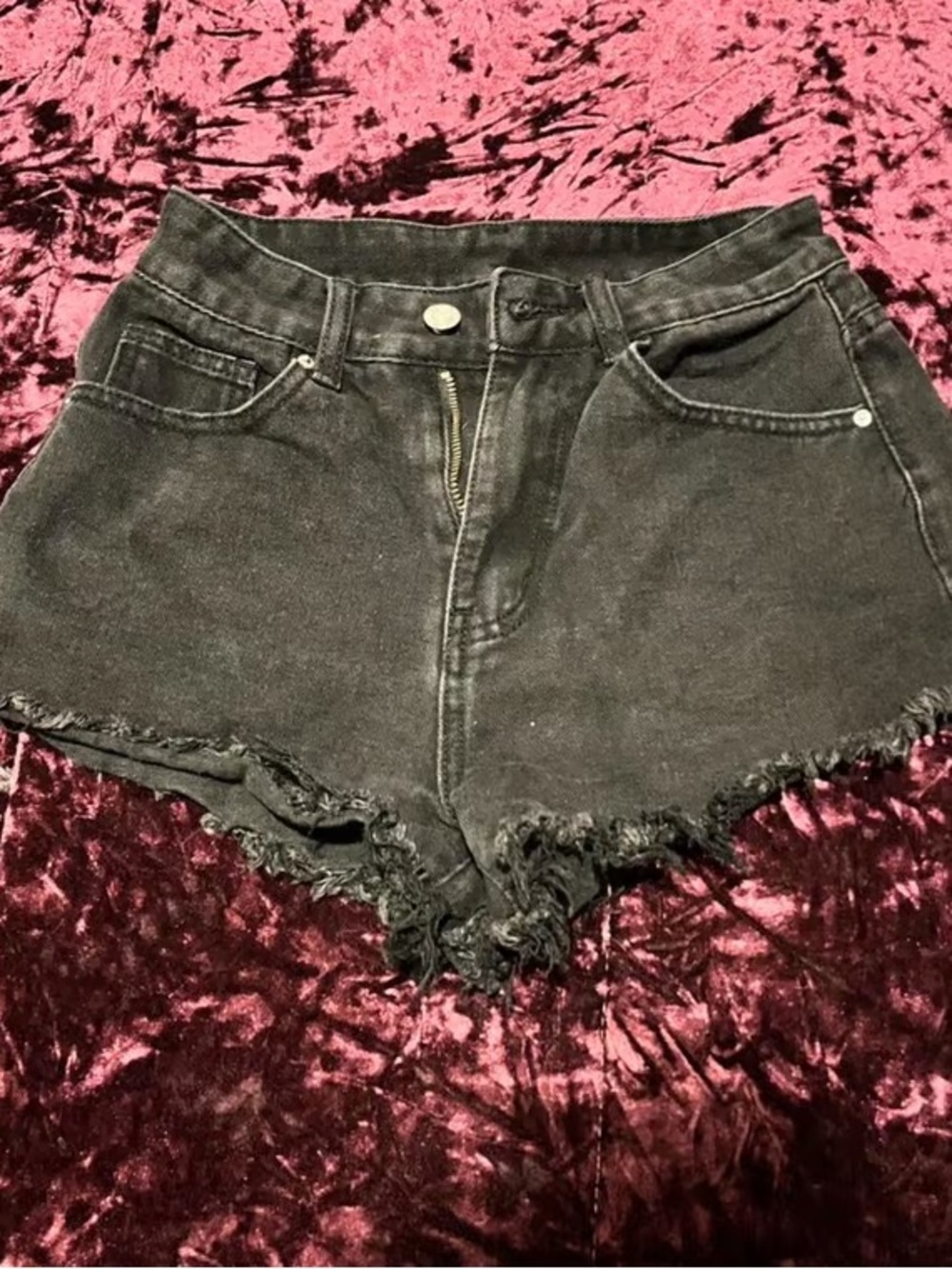 High-Waist Black Denim Frayed Hem Women's Shorts